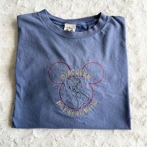 Vintage Walt Disney World Shirt Tee Mens L/XL Blue Small World Mickey Globe 90s